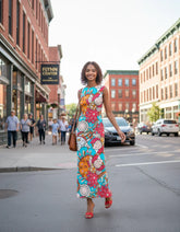 Bright and colorful Inia print flowy sleeveless maxi dress with bold ocean-inspired patterns in blue, orange, and pink - Profonde by Blissfully Brand